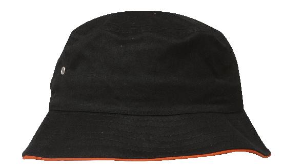 Headwear Bucket Hat With Sandwich Trim Brushed Heavy Sports Twill  *no Sandwich* X12 Cap Headwear Professionals Black/Orange M 