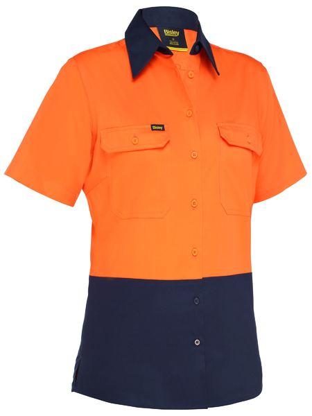 Bisley Women's Cool Lightweight Hi Vis Drill Shirt BL1895 Work Wear Bisley Workwear 6 Orange/Navy 