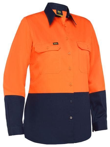 Bisley Women's Lightweight Hi Vis Cotton Drill Shirt BL6895 Work Wear Bisley Workwear 6 Orange/Navy 