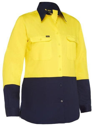 Bisley Women's Lightweight Hi Vis Cotton Drill Shirt BL6895 Work Wear Bisley Workwear 6 Yellow/Navy 