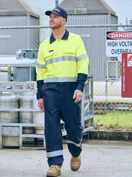 Bisley Apex 185/240 Taped Hi Vis FR Ripstop Vented Coverall BC8477T Work Wear Bisley Workwear 77R Yellow/Navy 