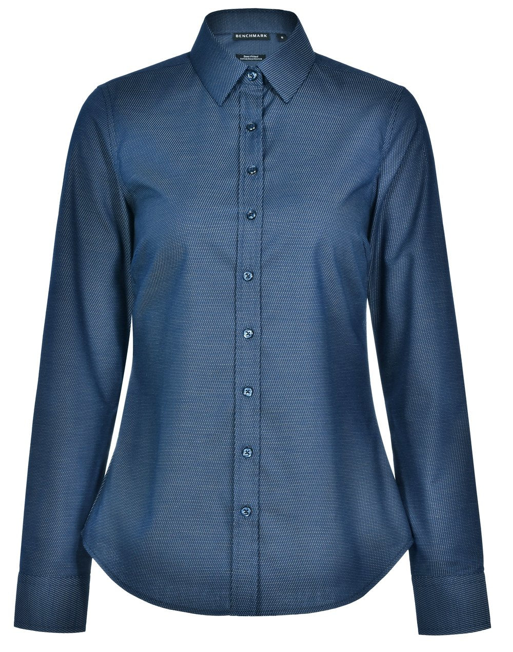 Ladies Dot Jacquard Stretch Long Sleeve Ascot Shirt M8400L Casual Wear Winning Spirit Ocean Blue 6 