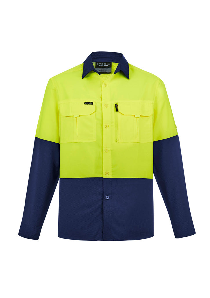 SYZMIK mens hi vis outdoor long sleeve shirt ZW468 Work Wear Syzmik Yellow/Navy XXS 