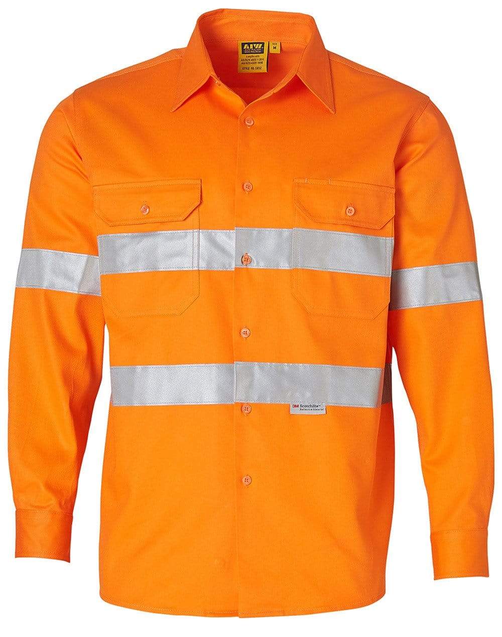 Cotton Drill Safety Shirt - Unisex SW52 Work Wear Australian Industrial Wear Fluoro Orange 2XS 