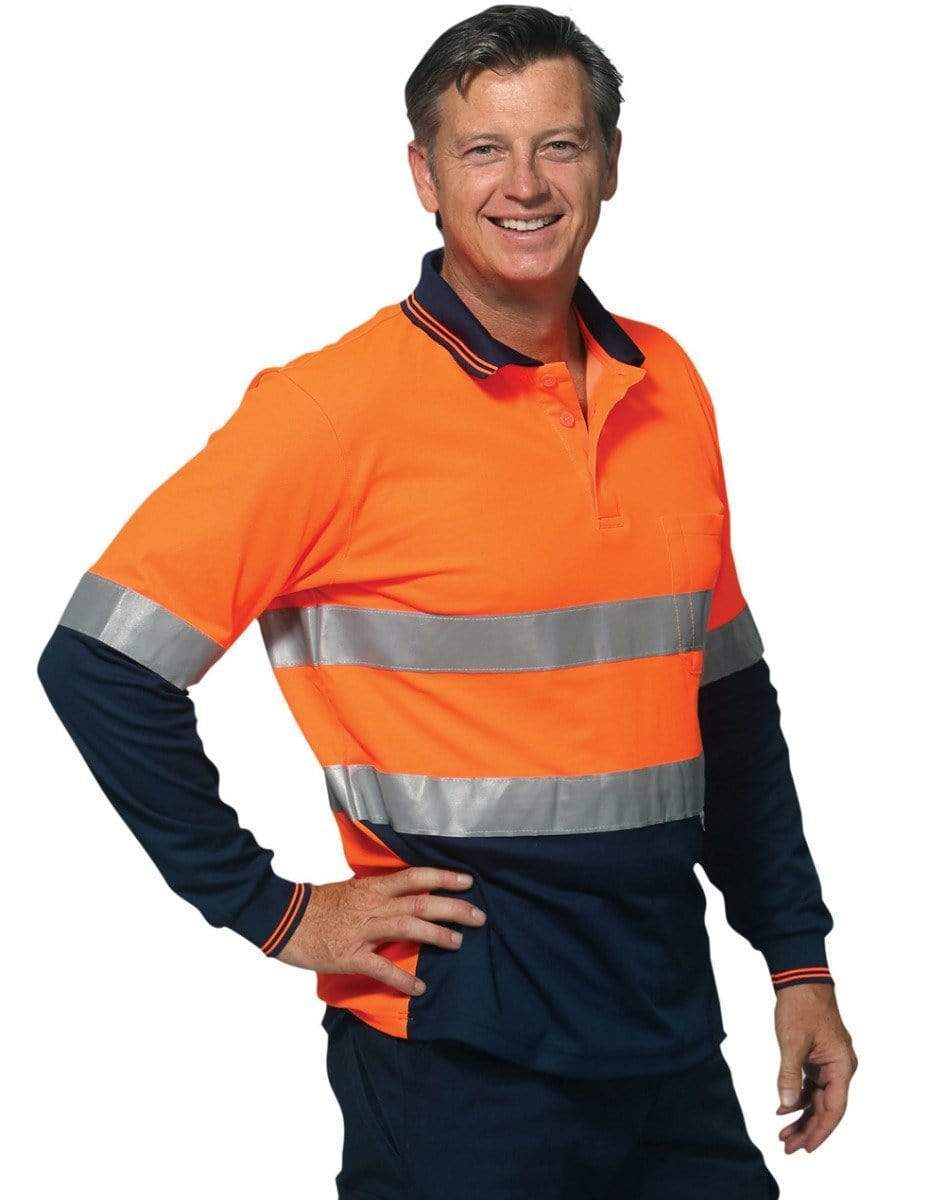 Long Sleeve Safery Polo SW21A Work Wear Australian Industrial Wear S Fluoro Orange/Reflective Silver/Navy 