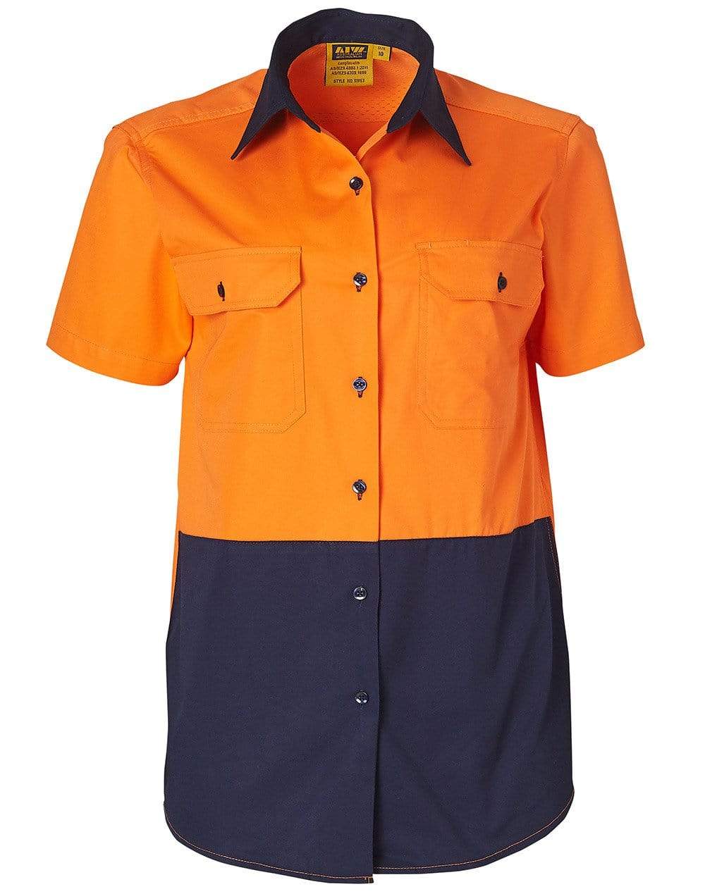 Women's Short Sleeve Safety Shirt SW63 Work Wear Australian Industrial Wear 8 Fluoro Orange/Navy 