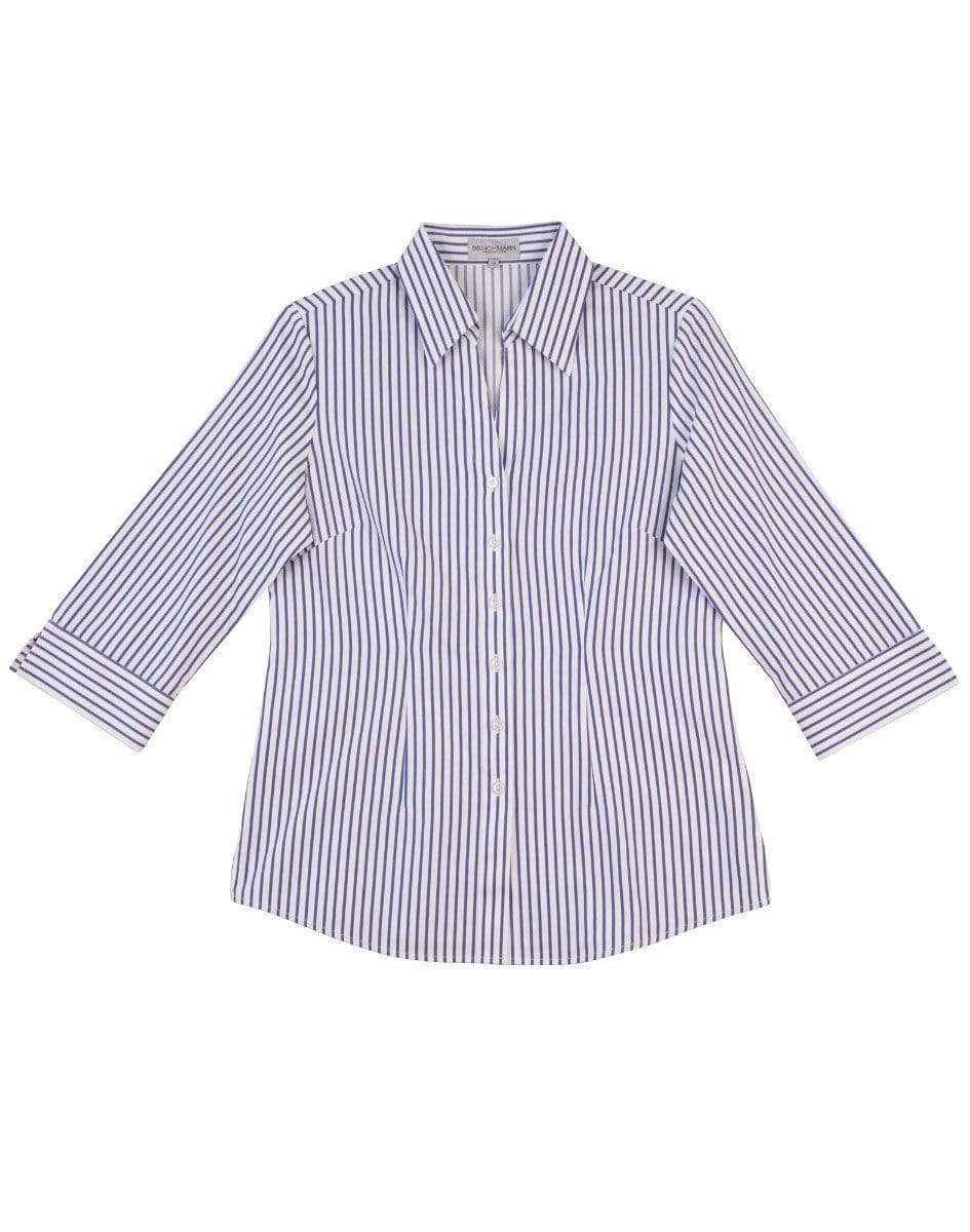 BENCHMARK Women's Executive Sateen Stripe 3/4 Sleeve Shirt M8310Q Corporate Wear Benchmark White/Cobalt 12 