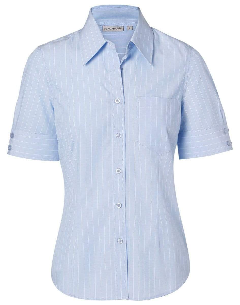 BENCHMARK Women's Pin Stripe Short Sleeve Shirt M8224 Corporate Wear Benchmark Blue Chambray/White 6 