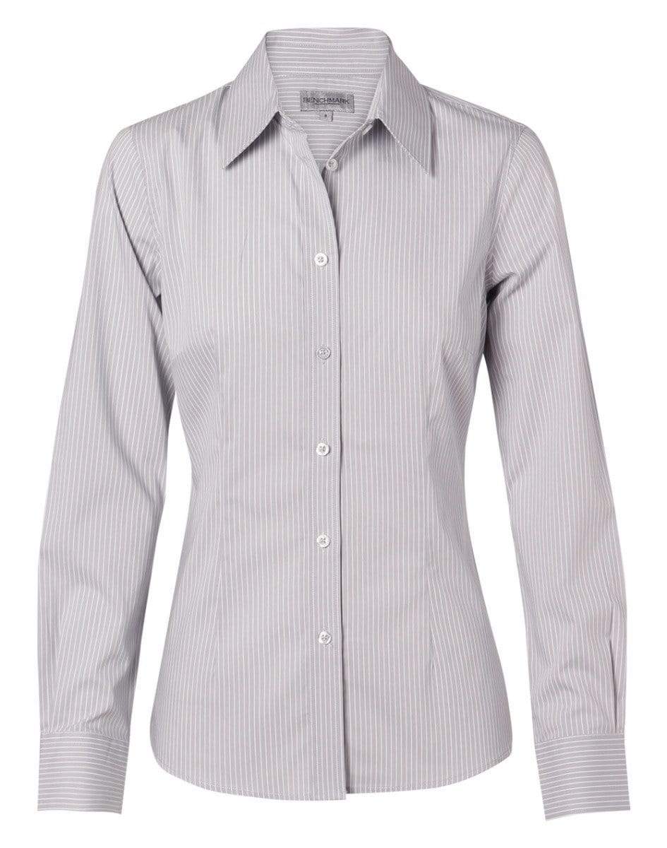 BENCHMARK Women's Ticking Stripe Long Sleeve Shirt M8200L Corporate Wear Benchmark Grey/White 6 
