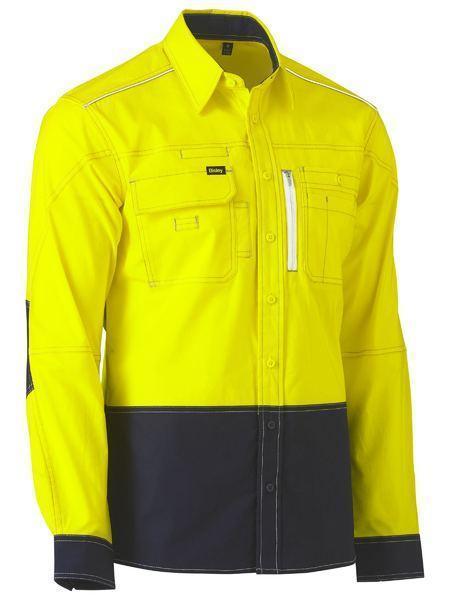 Bisley Flx & Move™ Hi Vis Utility Shirt BS6177 Work Wear Bisley Workwear Yellow/Navy XS 