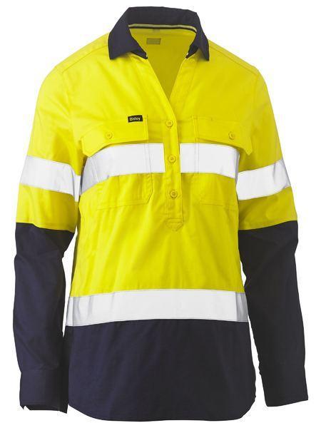 Bisley Women's Taped Hi Vis Stretch V-neck Shirt BLC6064T Work Wear Bisley Workwear Yellow/Navy 6 