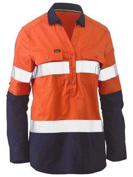Bisley Women's Taped Hi Vis Stretch V-neck Shirt BLC6064T Work Wear Bisley Workwear Orange/Navy 6 