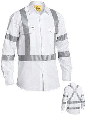 Bisley Workwear 3m Taped Night Cotton Drill Shirt Long Sleeve BS6807T Work Wear Bisley Workwear WHITE (BWHT) S 