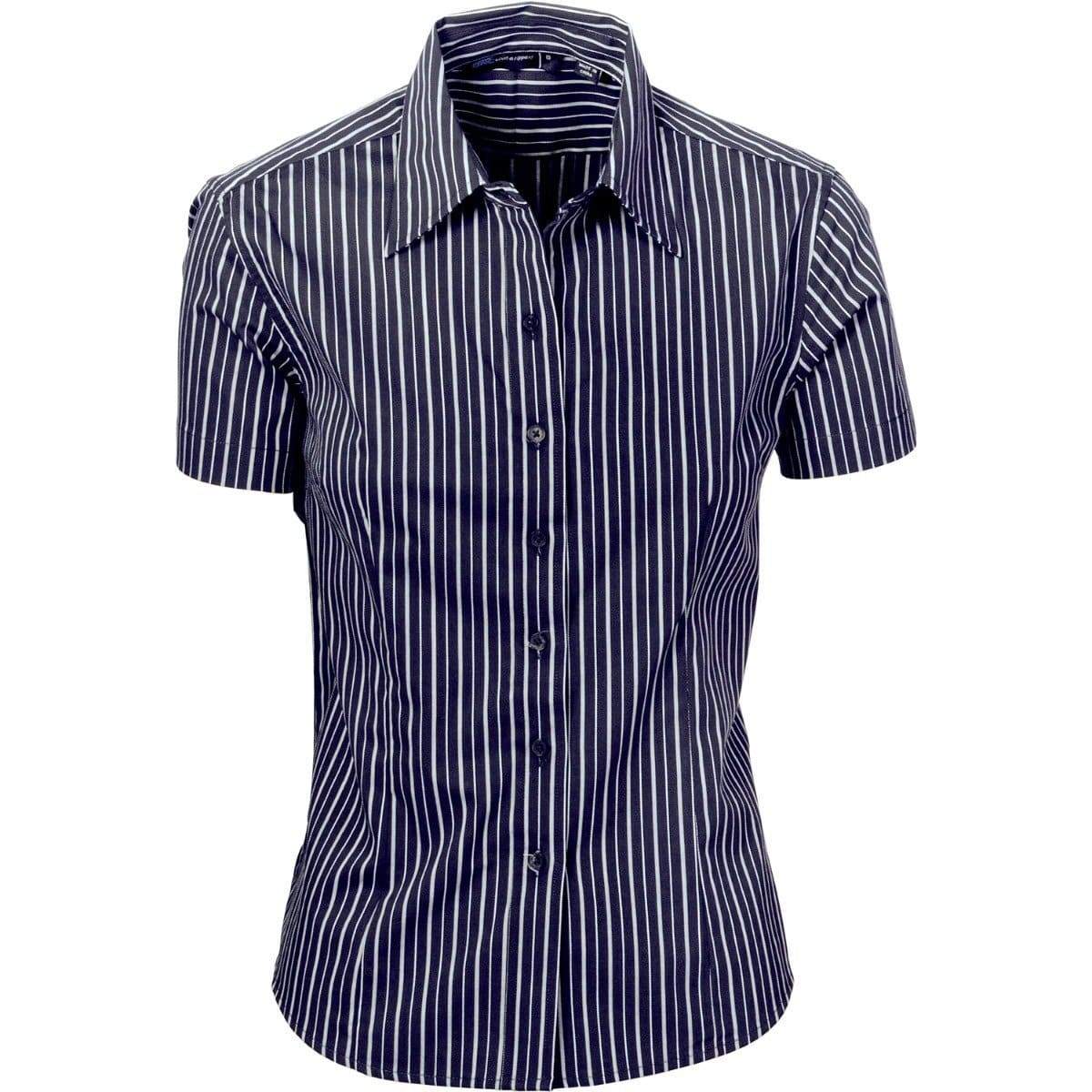 Dnc Workwear Ladies Stretch Yarn Dyed Contrast Stripe Short Sleeve Shirt - 4233 Corporate Wear DNC Workwear Navy/White 6 