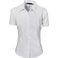 Dnc Workwear Ladies Stretch Yarn Dyed Contrast Stripe Short Sleeve Shirt - 4233 Corporate Wear DNC Workwear White/Black/Brown 6 