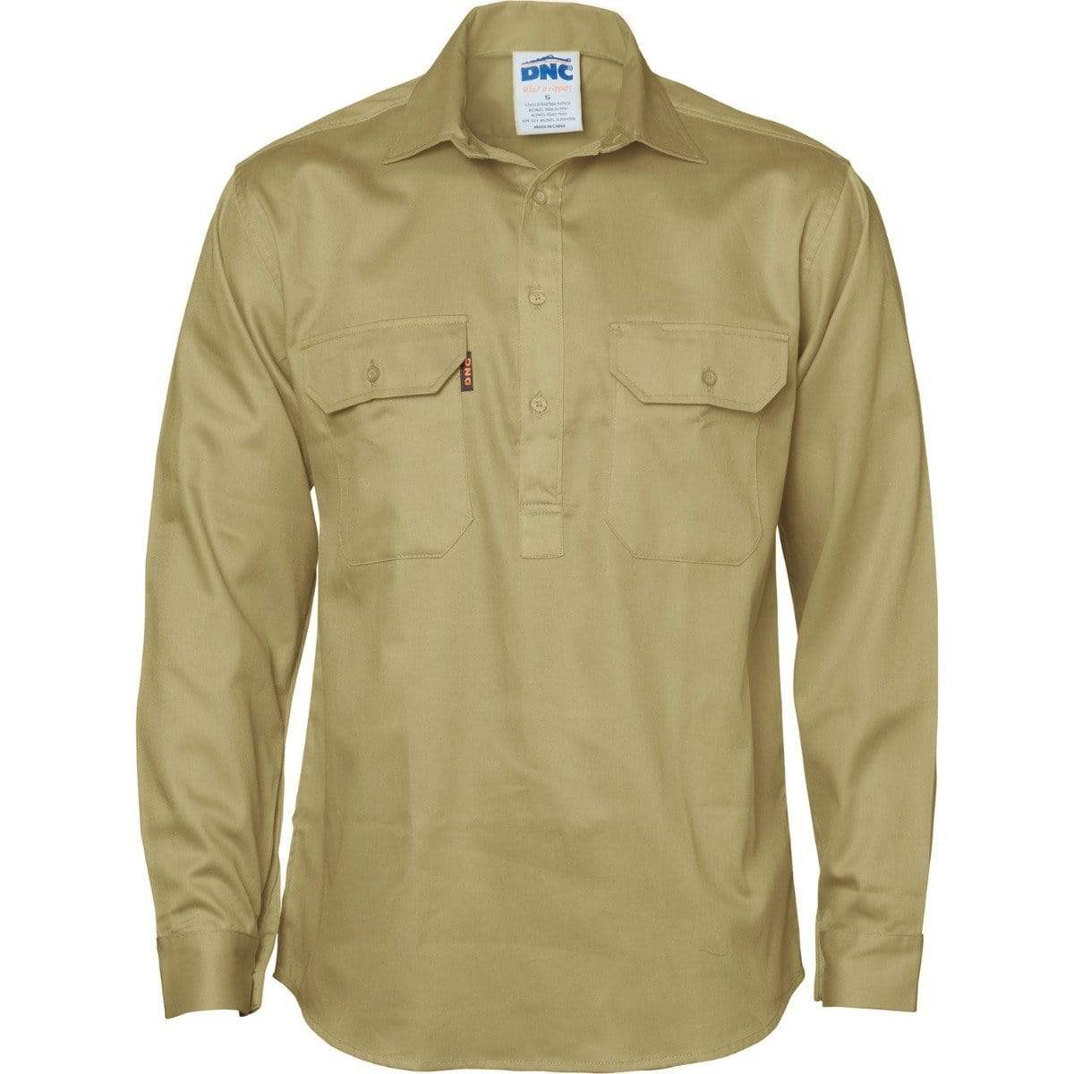 Dnc Workwear 190 Gsm Cotton Drill Closed Front Long Sleeve Work Shirt - 3204 Work Wear DNC Workwear Khaki XL 