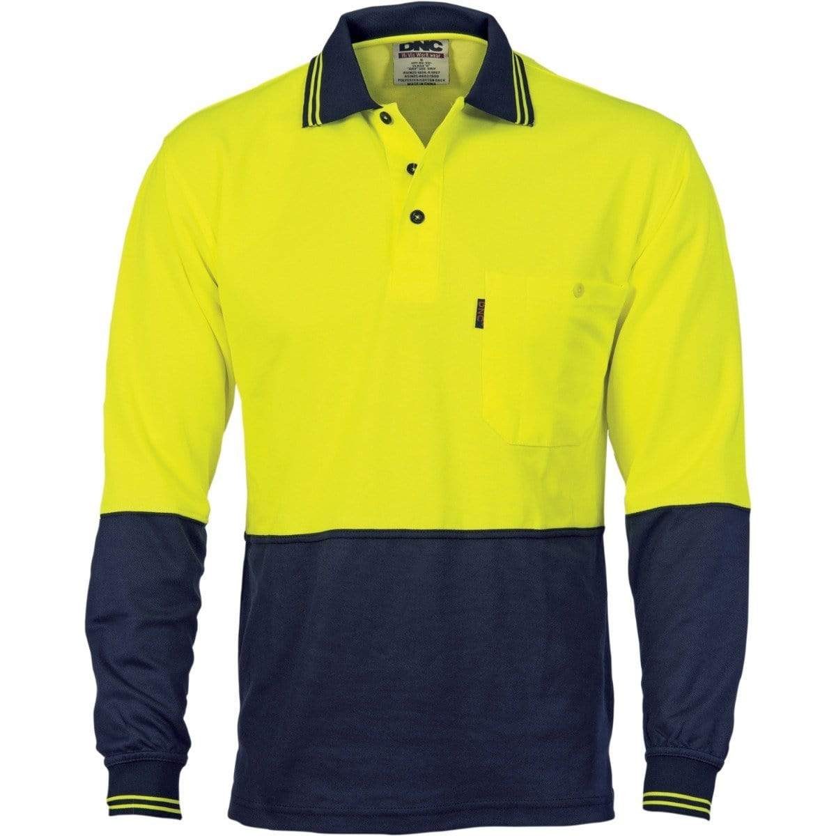 Dnc Workwear Cotton Back Hi-vis Two-tone Fluoro Long Sleeve Polo - 3816 Work Wear DNC Workwear Yellow/Navy XS 