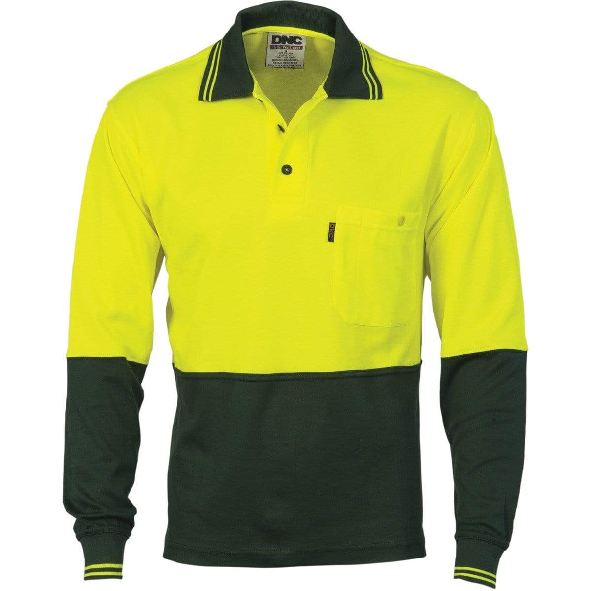 Dnc Workwear Cotton Back Hi-vis Two-tone Fluoro Long Sleeve Polo - 3816 Work Wear DNC Workwear Yellow/Bottle Green XS 