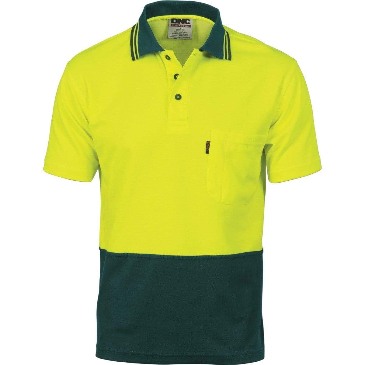 Dnc Workwear Cotton Back Hi-vis Two-tone Fluoro Short Sleeve Polo - 3814 Work Wear DNC Workwear Yellow/Bottle Green XS 