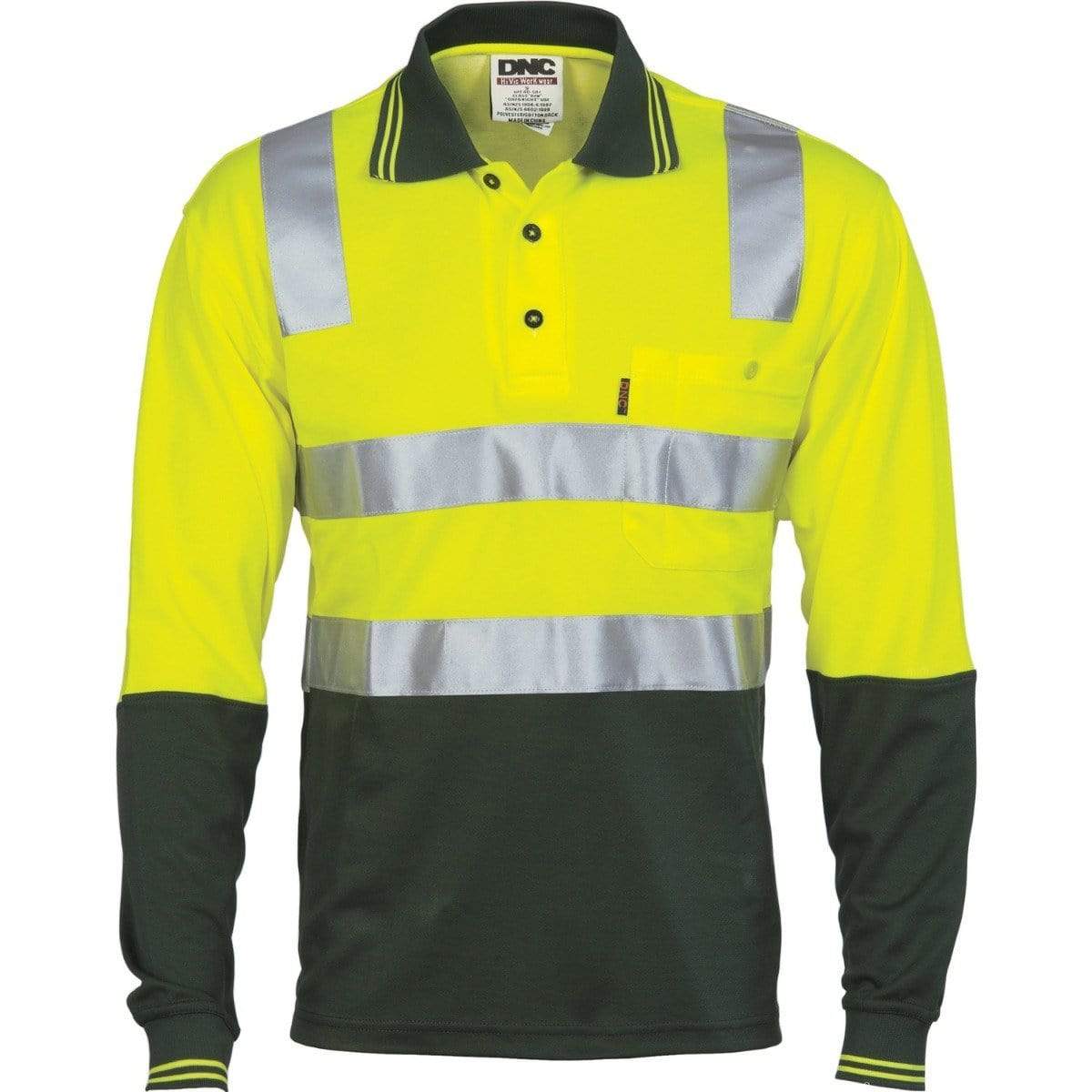 Dnc Workwear Cotton Back Hi-vis Two-tone Long Sleeve Polo Shirt With Csr Reflective Tape - 3818 Work Wear DNC Workwear Yellow/Bottle Green XS 