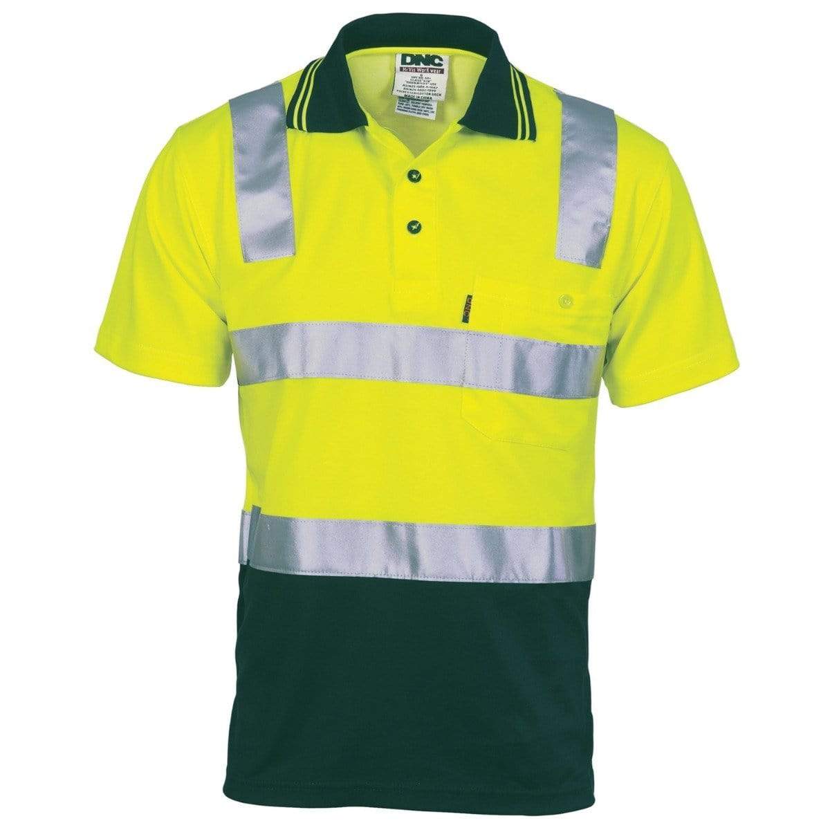 Dnc Workwear Cotton Back Hi-vis Two-tone Short Sleeve Polo Shirt With Csr Reflective Tape - 3817 Work Wear DNC Workwear Yellow/Bottle Green 5XL 