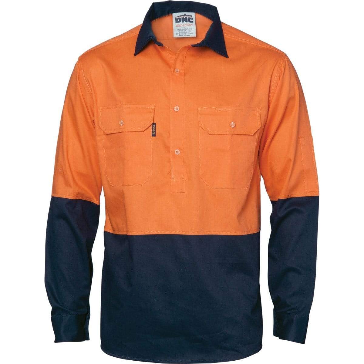 Dnc Workwear Hi-vis 2 Tone Cool-breeze Close Front Long Sleeve Cotton Shirt - 3934 Work Wear DNC Workwear Orange/Navy 5XL 