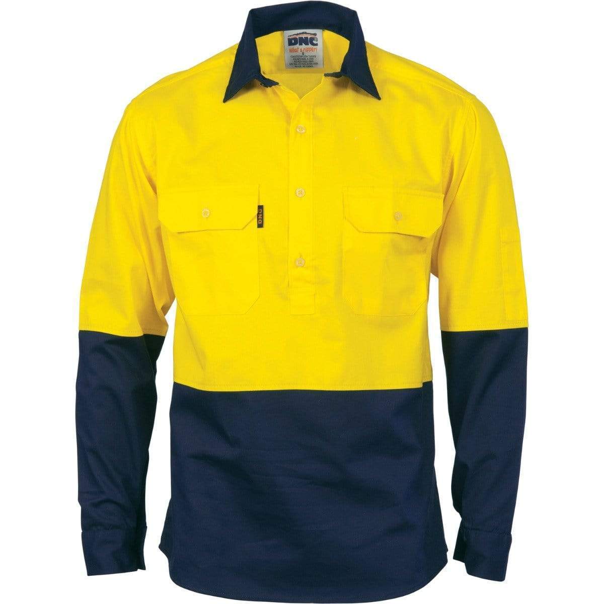 Dnc Workwear Hi-vis 2 Tone Cool-breeze Close Front Long Sleeve Cotton Shirt - 3934 Work Wear DNC Workwear Yellow/Navy 5XL 