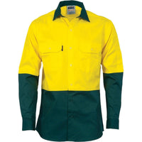 Dnc Workwear Hi-vis 2 Tone Cool-breeze Long Sleeve Cotton Shirt - 3840 Work Wear DNC Workwear Yellow/Bottle Green XS 