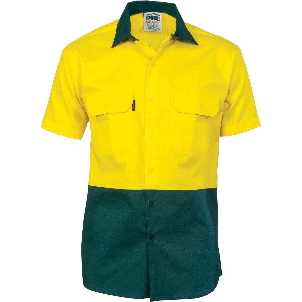 Dnc Workwear Hi-vis 2 Tone Cool-breeze Short Sleeve Cotton Shirt - 3839 Work Wear DNC Workwear Yellow/Bottle Green XS 