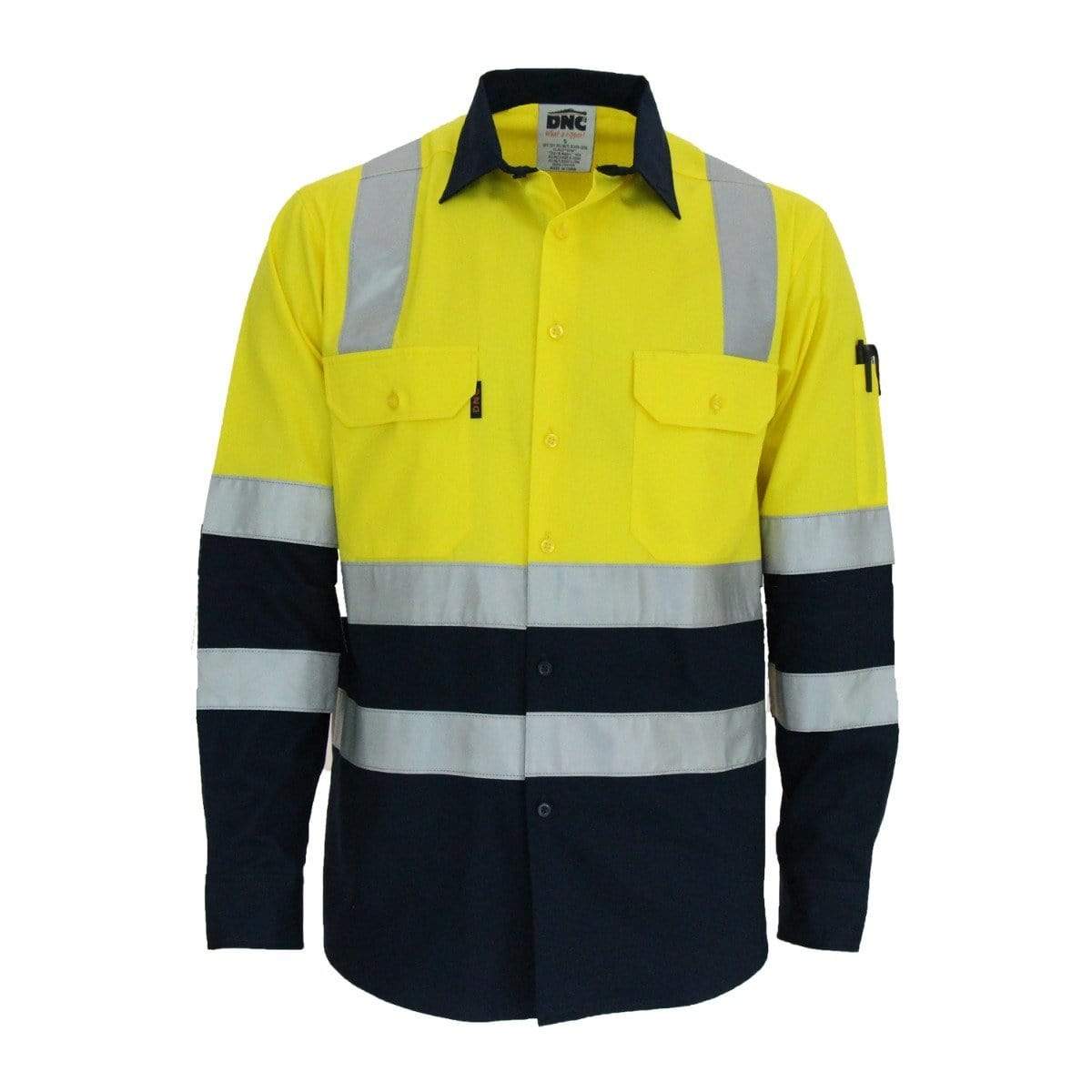 Dnc Workwear Hi-vis 2-tone Lightweight Long Sleeve Cotton Bio-motion & X Back Shirt With Csr Reflective Tape - 3547 Work Wear DNC Workwear Yellow/Navy XS 