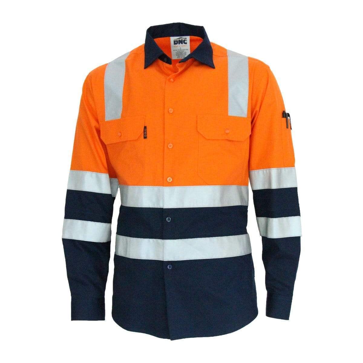 Dnc Workwear Hi-vis 2-tone Lightweight Long Sleeve Cotton Bio-motion & X Back Shirt With Csr Reflective Tape - 3547 Work Wear DNC Workwear Orange/Navy XS 