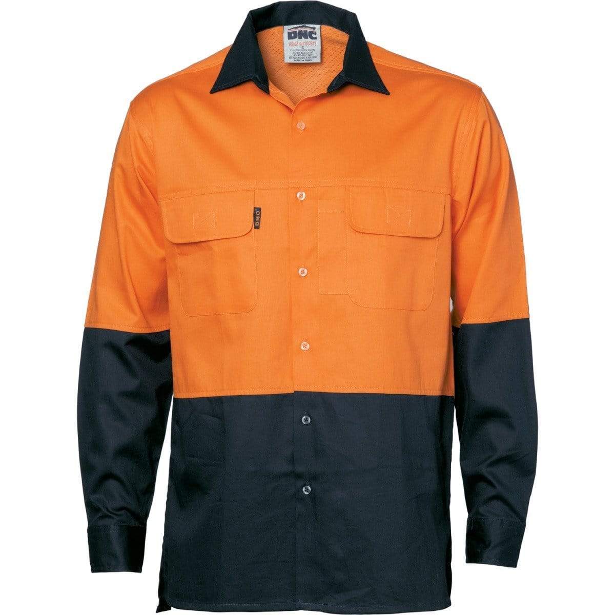 Dnc Workwear Hi-vis 3 Way Cool-breeze Long Sleeve Cotton Shirt - 3938 Work Wear DNC Workwear Orange/Navy XS 