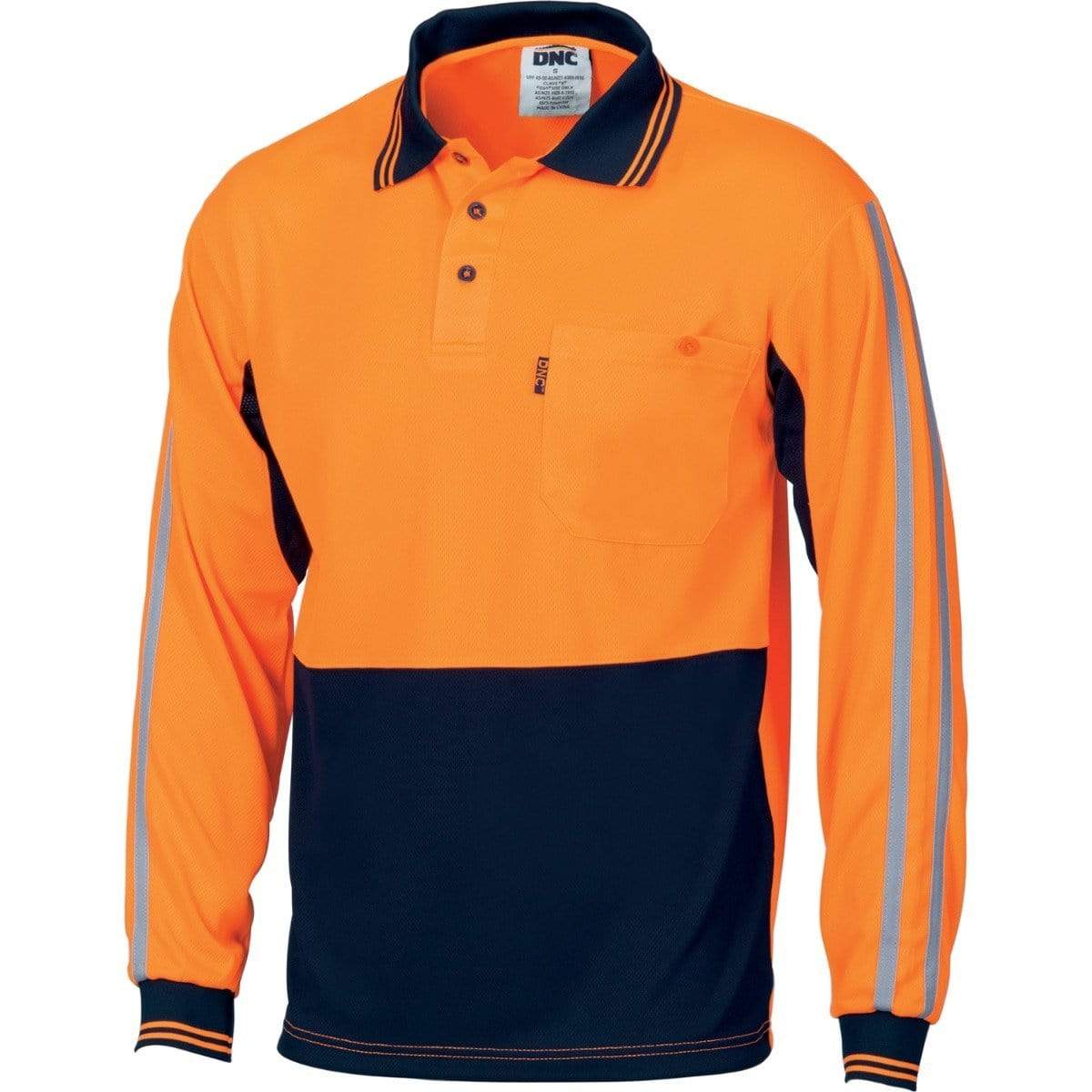 Dnc Workwear Hi-vis Cool-breathe Long Sleeve Stripe Polo - 3756 Work Wear DNC Workwear Orange/Navy XS 