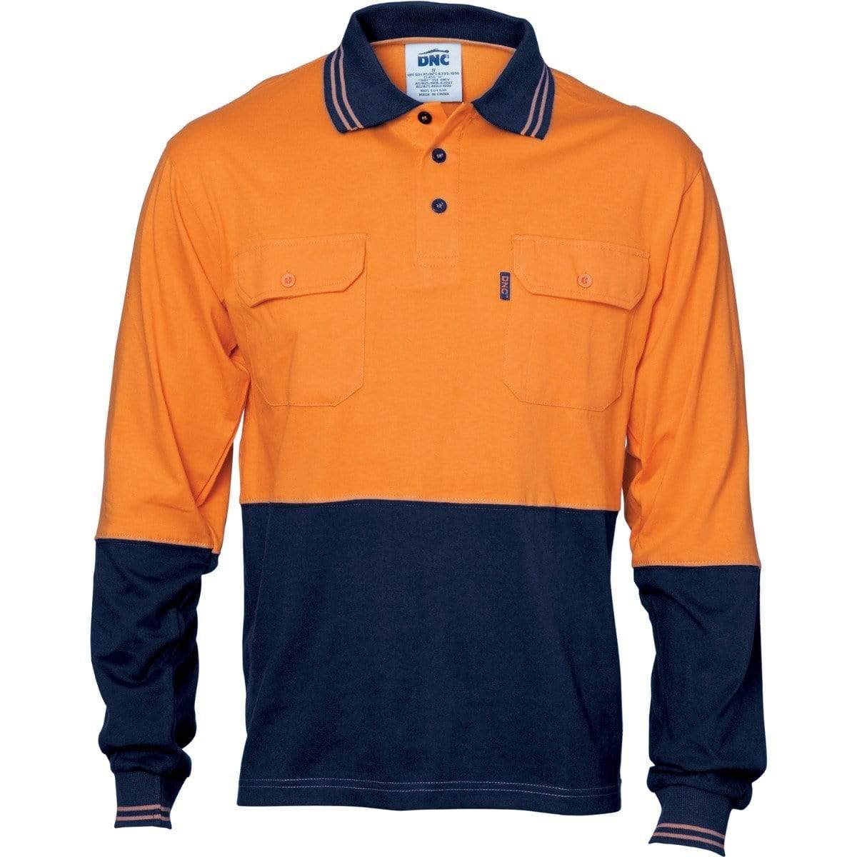 Dnc Workwear Hi-vis Cool-breeze 2-tone Cotton Jersey Long Sleeve Polo Shirt With Twin Chest Pocket - 3944 Work Wear DNC Workwear Orange/Navy XS 