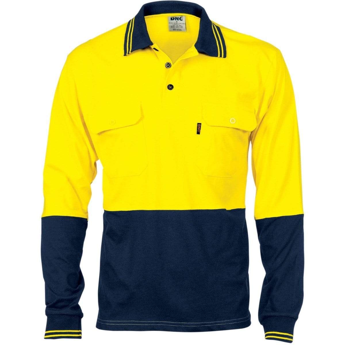 Dnc Workwear Hi-vis Cool-breeze 2-tone Cotton Jersey Long Sleeve Polo Shirt With Twin Chest Pocket - 3944 Work Wear DNC Workwear Yellow/Navy XS 