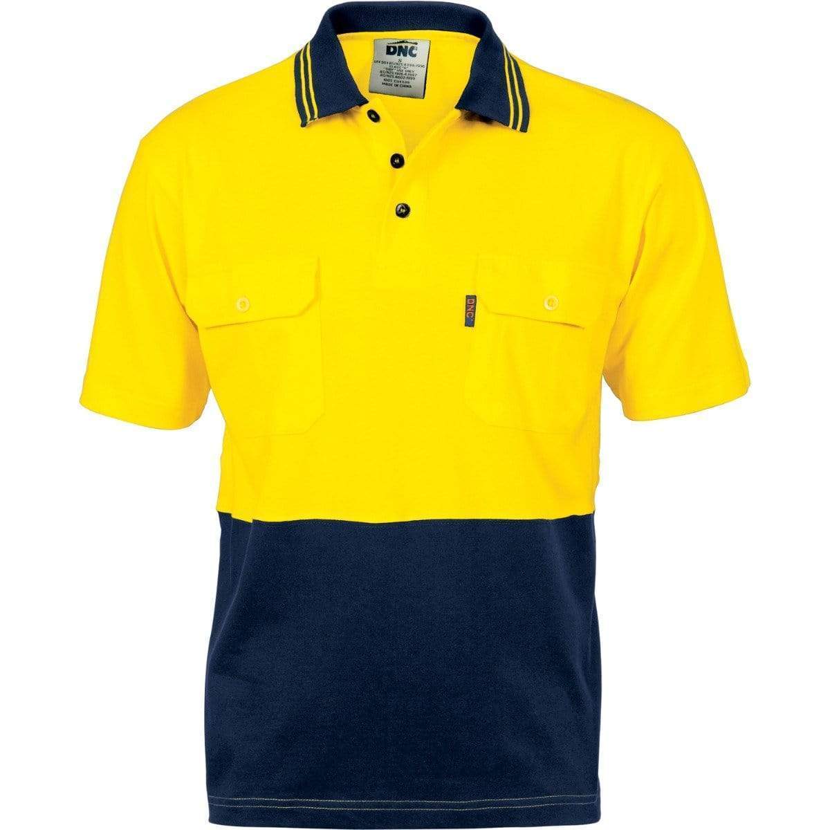 Dnc Workwear Hi-vis Cool-breeze 2-tone Cotton Jersey Short Sleeve Polo Shirt With Twin Chest Pocket - 3943 Work Wear DNC Workwear Yellow/Navy XS 