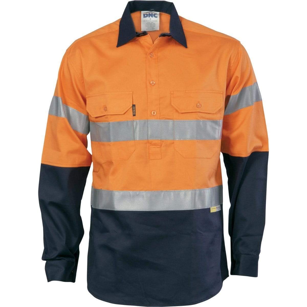 Dnc Workwear Hi-vis Cool-breeze Close Front Long Sleeve Cotton Shirt With 3m Reflective Tape - 3949 Work Wear DNC Workwear Orange/Navy S 