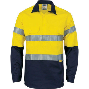 Dnc Workwear Hi-vis Cool-breeze Close Front Long Sleeve Cotton Shirt With 3m Reflective Tape - 3949 Work Wear DNC Workwear Yellow/Navy S 