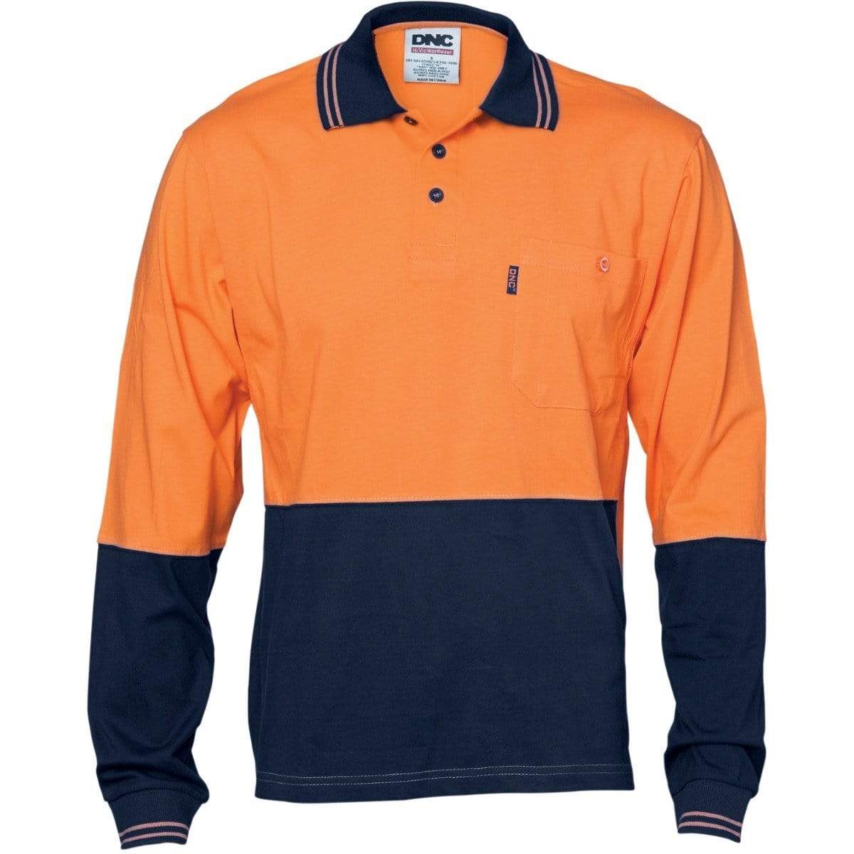Dnc Workwear Hi-vis Cool-breeze Cotton Jersey Long Sleeve Polo Shirt With Underarm Cotton Mesh - 3846 Work Wear DNC Workwear Orange/Navy XS 