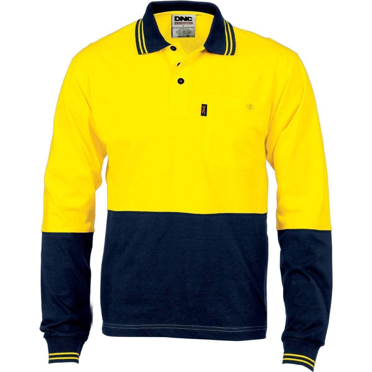 Dnc Workwear Hi-vis Cool-breeze Cotton Jersey Long Sleeve Polo Shirt With Underarm Cotton Mesh - 3846 Work Wear DNC Workwear Yellow/Navy XS 
