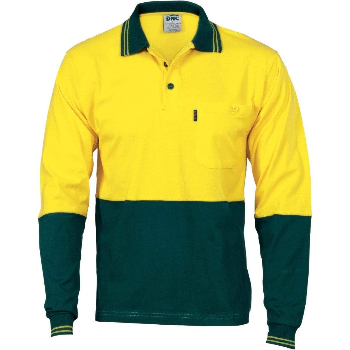 Dnc Workwear Hi-vis Cool-breeze Cotton Jersey Long Sleeve Polo Shirt With Underarm Cotton Mesh - 3846 Work Wear DNC Workwear Yellow/Bottle Green XS 