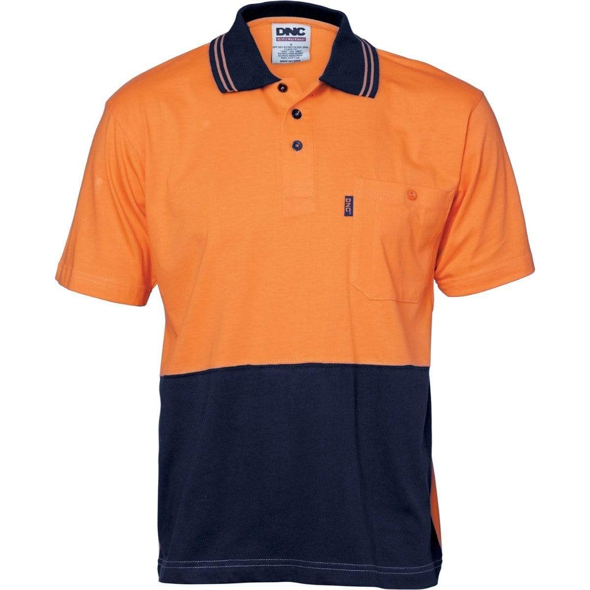 Dnc Workwear Hi-vis Cool-breeze Cotton Jersey Short Sleeve Polo Shirt With Underarm Cotton Mesh - 3845 Work Wear DNC Workwear Orange/Navy XS 