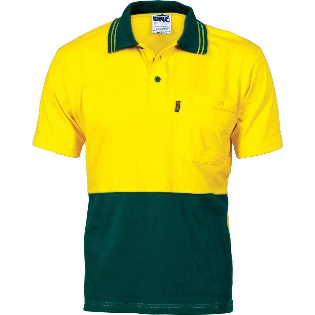 Dnc Workwear Hi-vis Cool-breeze Cotton Jersey Short Sleeve Polo Shirt With Underarm Cotton Mesh - 3845 Work Wear DNC Workwear Yellow/Bottle Green XS 