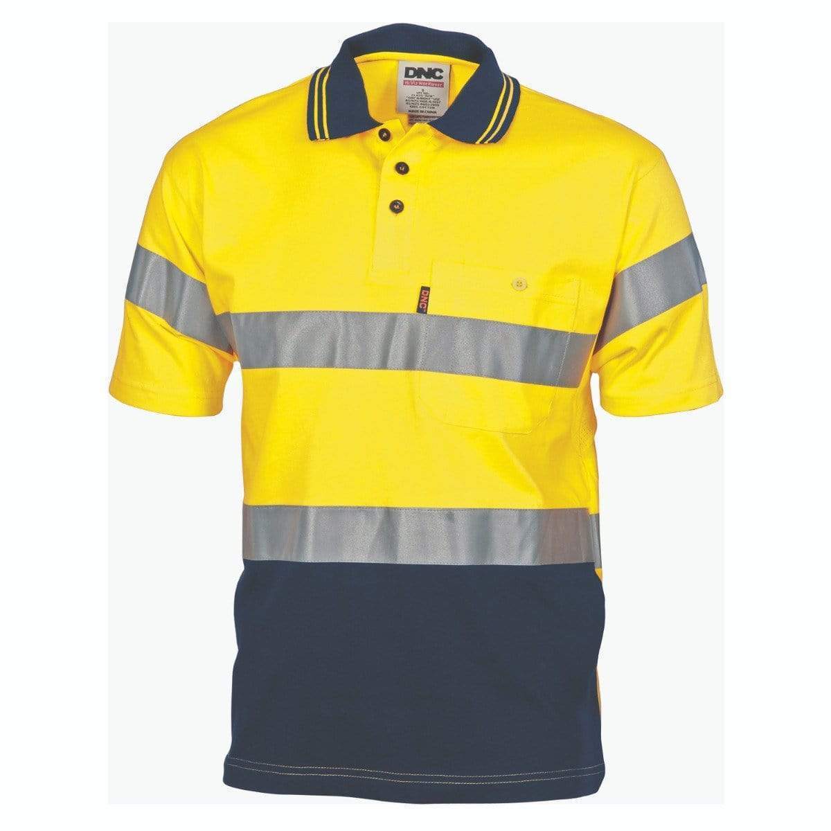 Dnc Workwear Hi-vis Cool-breeze Cotton Jersey Short Sleeve Polo With Csr Reflective Tape - 3915 Work Wear DNC Workwear Yellow/Navy S 