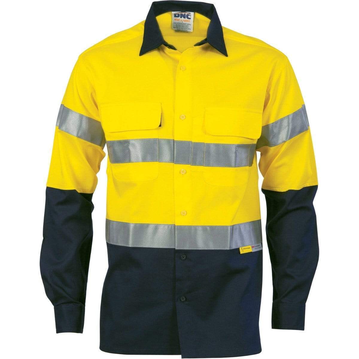 Dnc Workwear Hi-vis Cool-breeze Cotton Long Sleeve Shirt With 3m 8906 Reflective Tape - 3988 Work Wear DNC Workwear Yellow/Navy S 