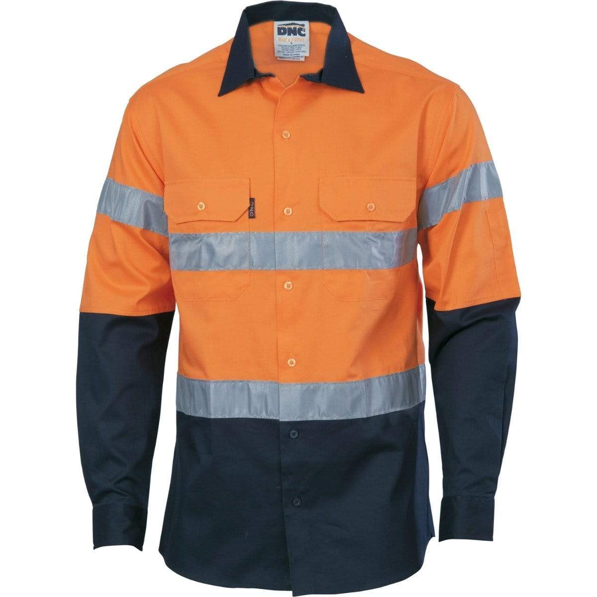 Dnc Workwear Hi-vis Cool-breeze Long Sleeve Cotton Shirt With Generic Reflective Tape - 3966 Work Wear DNC Workwear Orange/Navy XS 