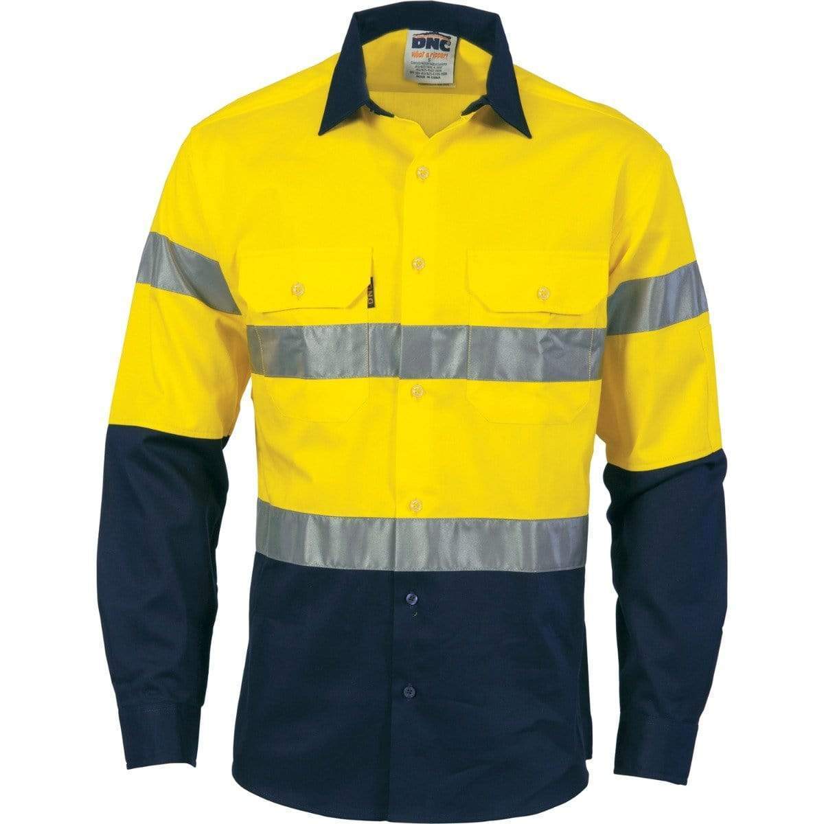Dnc Workwear Hi-vis Cool-breeze Long Sleeve Cotton Shirt With Generic Reflective Tape - 3966 Work Wear DNC Workwear Yellow/Navy XS 