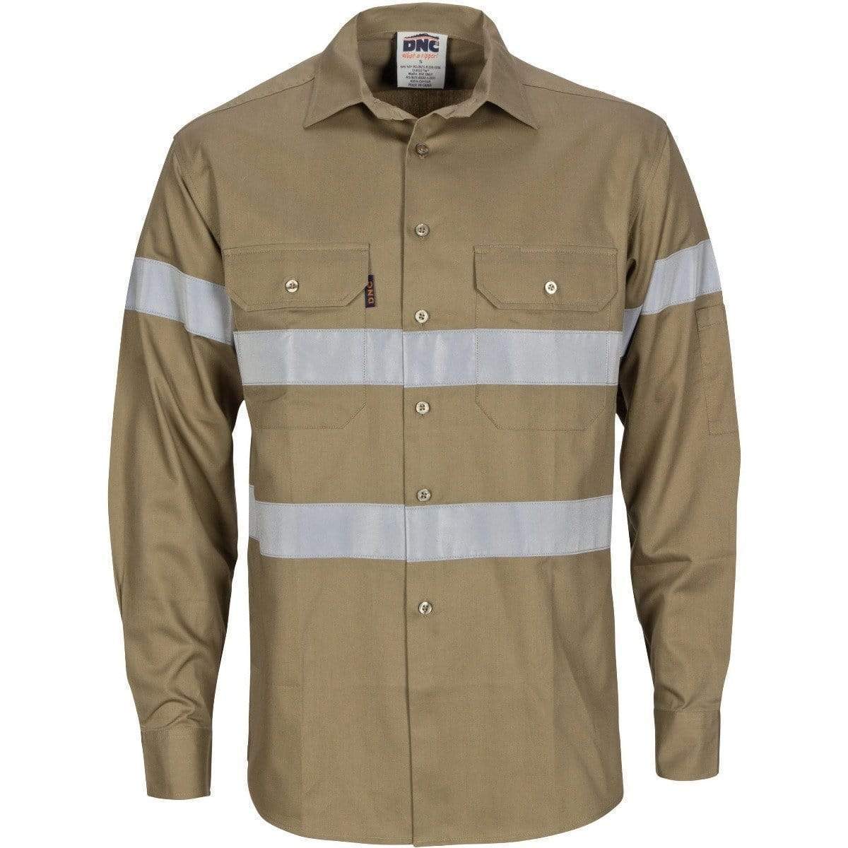 Dnc Workwear Hi-vis Cool-breeze Long Sleeve Cotton Shirt With Generic Reflective Tape - 3967 Work Wear DNC Workwear Khaki XS 
