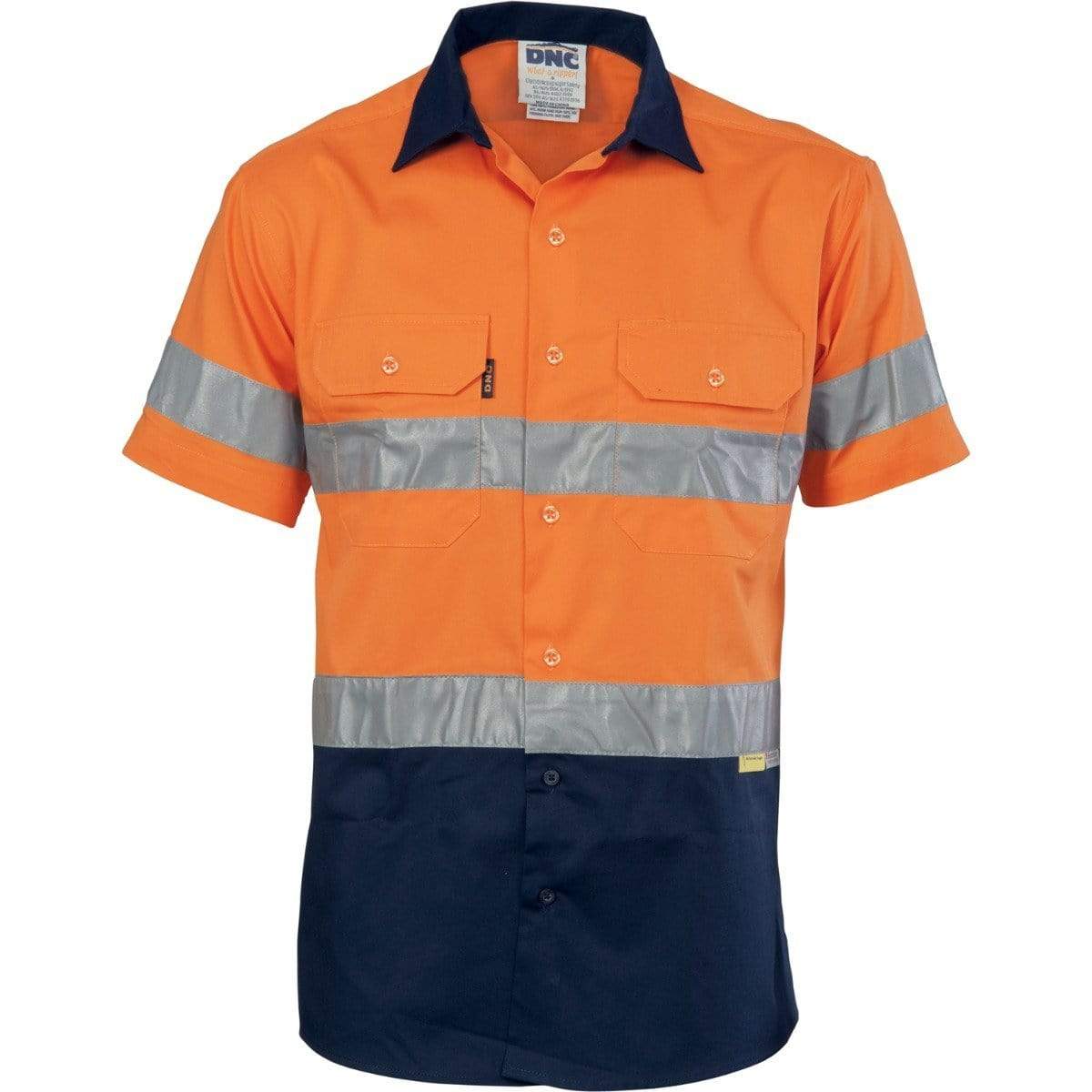 Dnc Workwear Hi-vis Cool-breeze Short Sleeve Cotton Shirt With 3m 8906 Reflective Tape - 3887 Work Wear DNC Workwear Orange/Navy S 