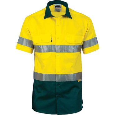 Dnc Workwear Hi-vis Cool-breeze Short Sleeve Cotton Shirt With 3m 8906 Reflective Tape - 3887 Work Wear DNC Workwear Yellow/Bottle Green S 